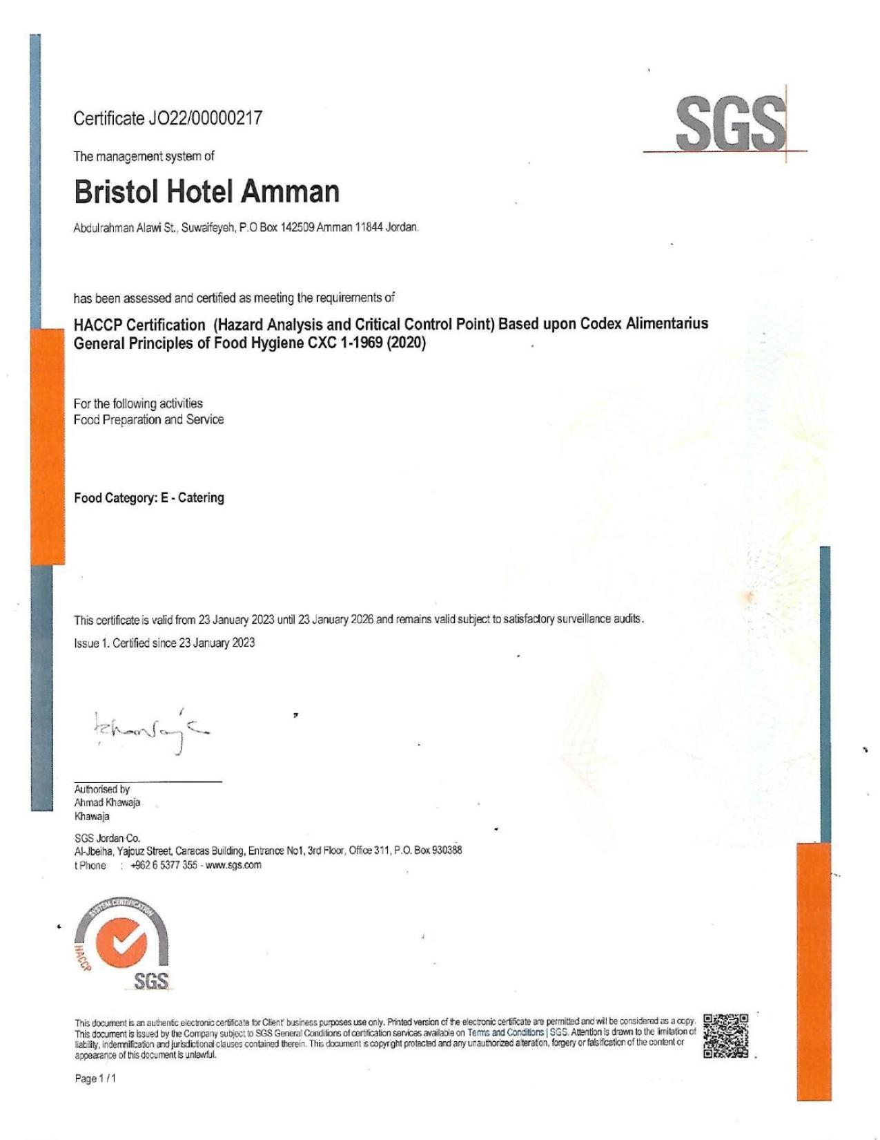 Bristol Hotel Амман Екстер'єр фото HACCP certificate
